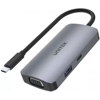Unitek D1051A USB-C-keskitin 1x USB 3.0, VGA, 2x HDMI, Power Delivery ja MST