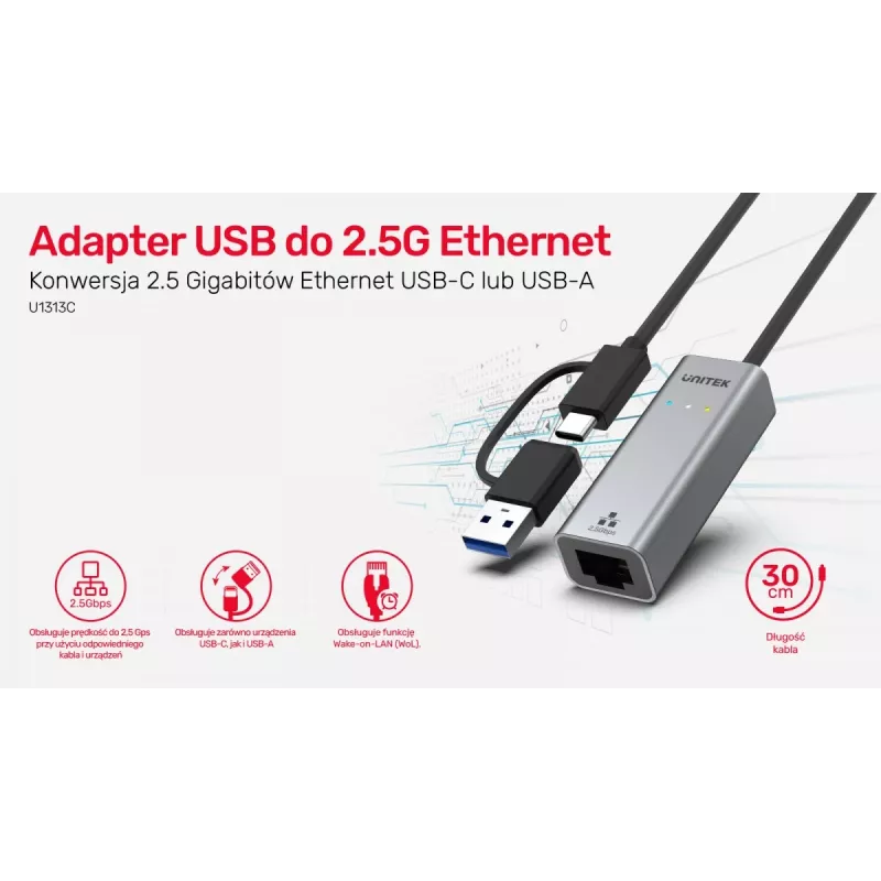 UNITEK USB-A/C 3.1 Gen 1 - RJ45 2.5 Gigabit Ethernet -sovitin U1313C