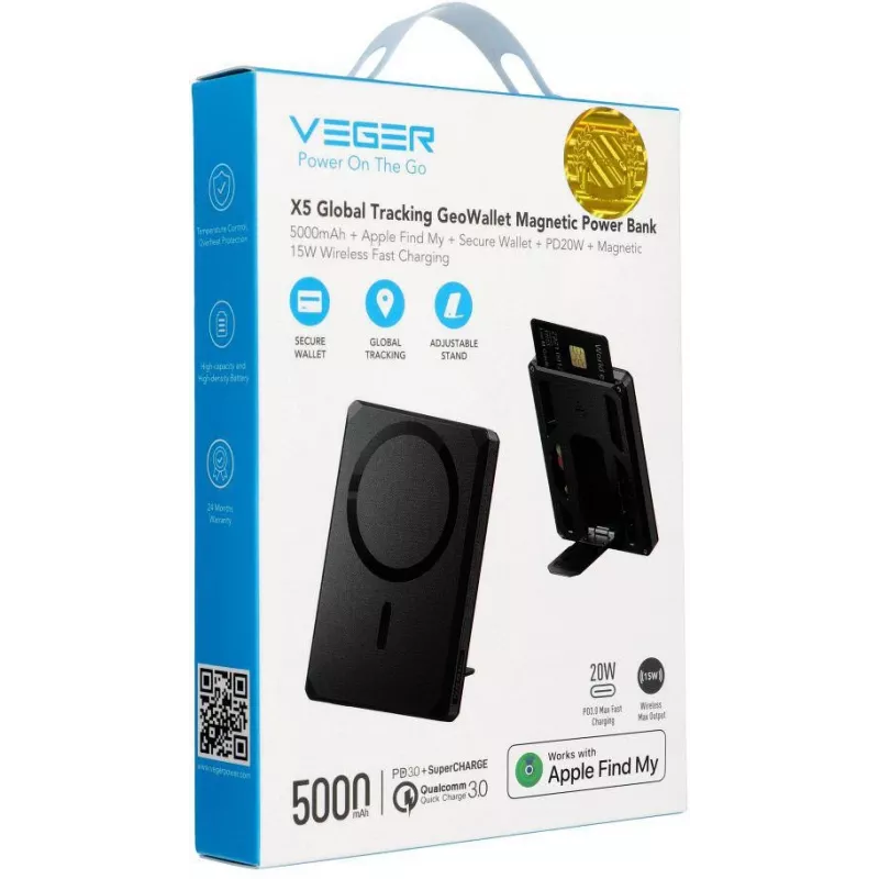 Veger GeoWallet Tracker X5 5000 mAh 20W PD QC 3.0 MFi MagSafe USB-C varavirtalähde - musta