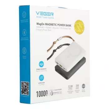 Veger MagOn varavirtalähde 10000 mAh valkoinen - MagSafe-yhteensopiva, PD QC3.0 20W langaton lataus