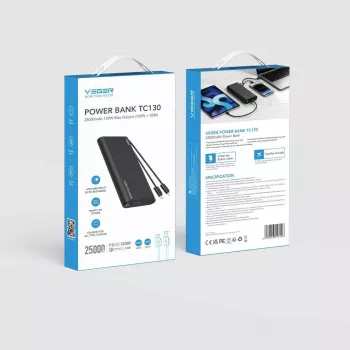 VEGER TCE130 130W PD -varavirtalähde 25000 mAh sisäänrakennetuilla USB-C- ja Lightning-kaapeleilla, musta