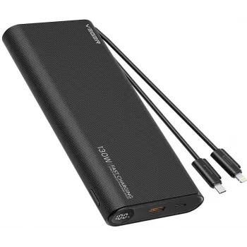 VEGER TCE130 130W PD -varavirtalähde 25000 mAh sisäänrakennetuilla USB-C- ja Lightning-kaapeleilla, musta