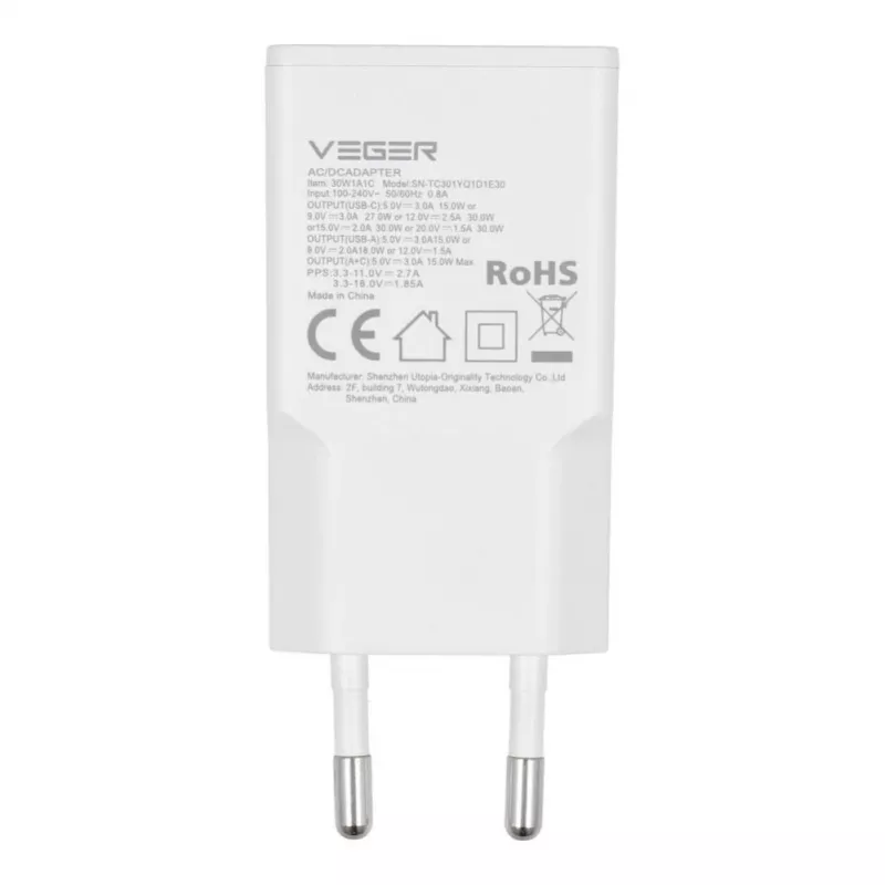 VEGER USB-A + USB-C QC PD 30W seinälaturi 30W1A1C valkoinen