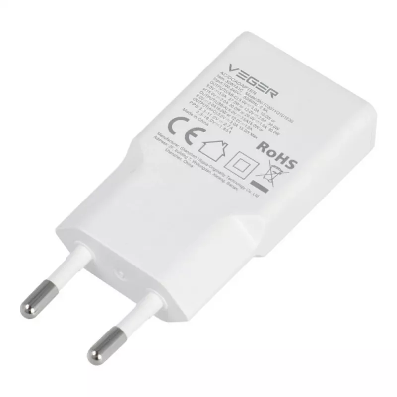VEGER USB-A + USB-C QC PD 30W seinälaturi 30W1A1C valkoinen