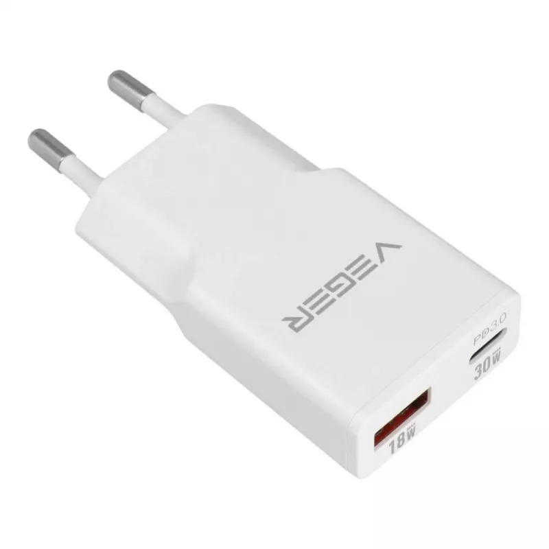 VEGER USB-A + USB-C QC PD 30W seinälaturi 30W1A1C valkoinen
