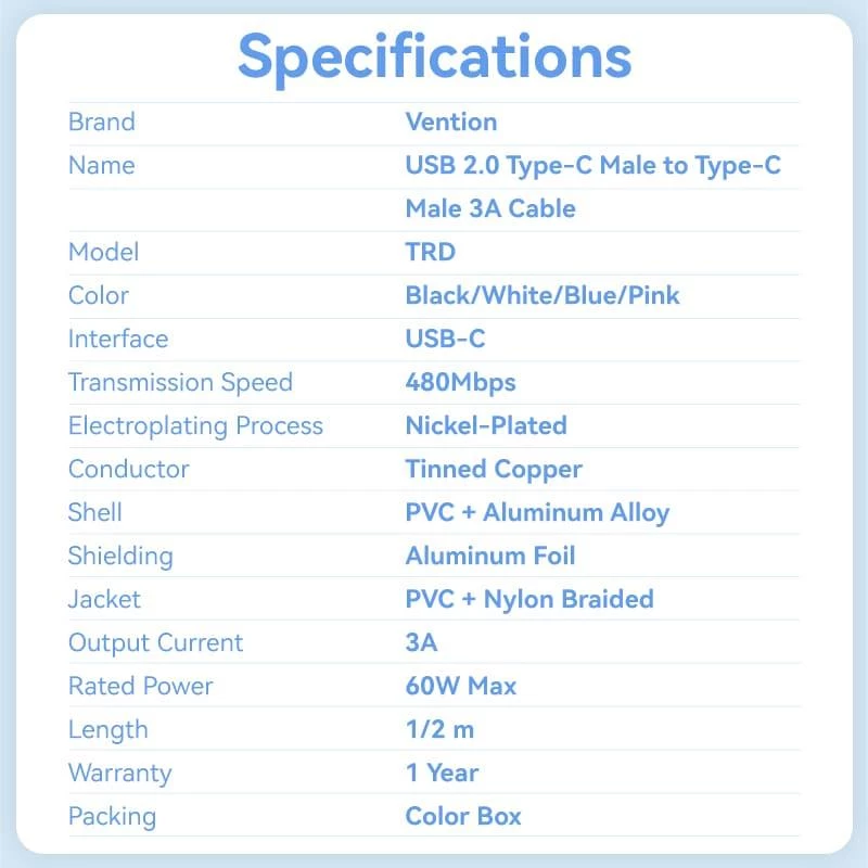 VENTION TRDBF USB-C - USB-C -kaapeli 1 m musta