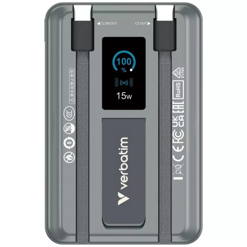 Verbatim Charge'n'Go varavirtalähde 2C & näyttö 10000 mAh harmaa