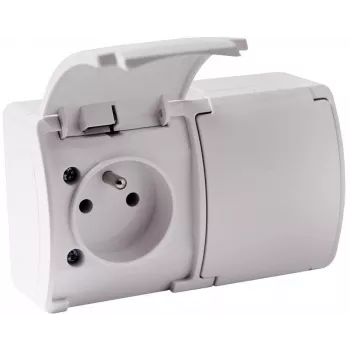VIPLAST KOALA 162-01 kaksoispistorasia maadoitetulla kosketuksella ja kansilevyllä, Type E 16A 250V, IP44 valkoinen