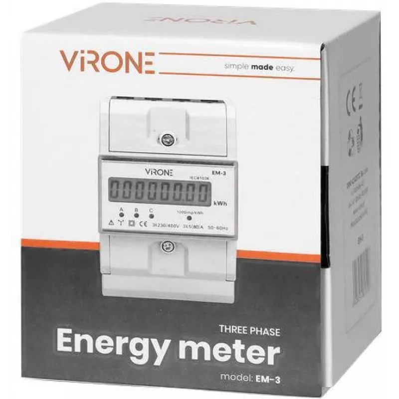 Virone EM-3 3-vaiheinen energiamittari, 80A, 3 moduulia, DIN-kisko TH-35mm