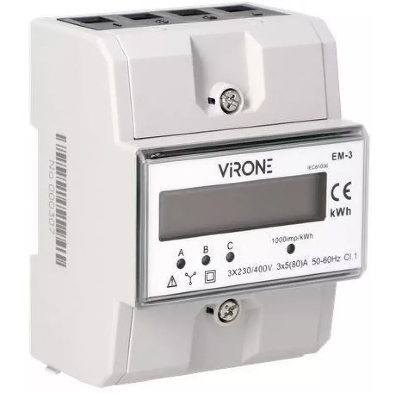 Virone EM-3 3-vaiheinen energiamittari, 80A, 3 moduulia, DIN-kisko TH-35mm