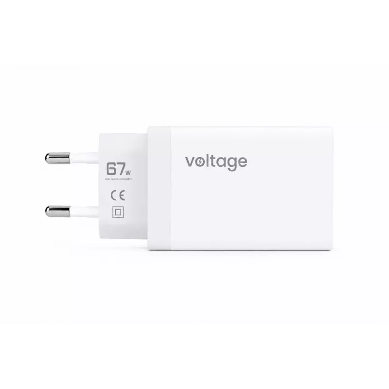 Voltage GaN 67W seinälaturi, 2x USB-C & 1x USB-A, PD 3.0, QC 3.0, PPS, EU-pistoke, valkoinen