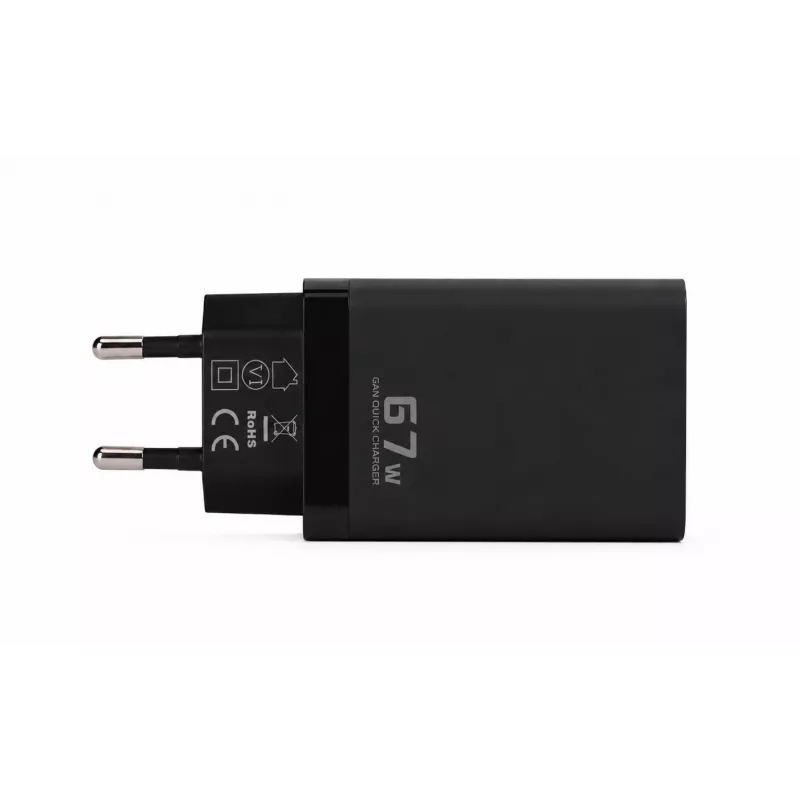 Voltage GaN laturi 67W seinälaturi, PD 3.0 / QC 3.0, 2x USB-C & 1x USB-A, EU-pistoke, musta