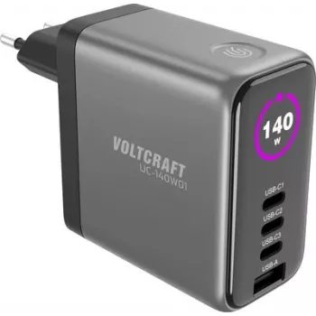 VOLTCRAFT UC-140W01 140W GaN USB-C PD seinälaturi 3x USB-C ja 1x USB-A, musta VC-17776050