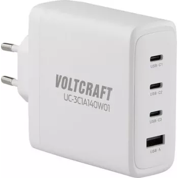 VOLTCRAFT UC-3C1A140W01 GaN USB-laturi 140W PD 3.1, 3x USB-C, 1x USB-A, valkoinen