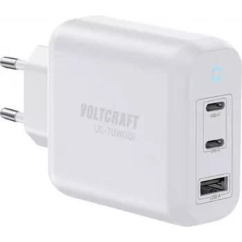VOLTCRAFT UC-70W001 GaN USB-seinälaturi 70W 2x USB-C PD 3.2 + 1x USB-A pikalataus valkoinen VC-18791125