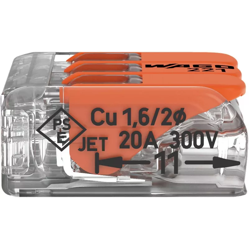 WAGO 221-413 COMPACT liitin, 3-johdin, 0,2–4 mm², läpinäkyvä, 50 kpl:n pakkaus