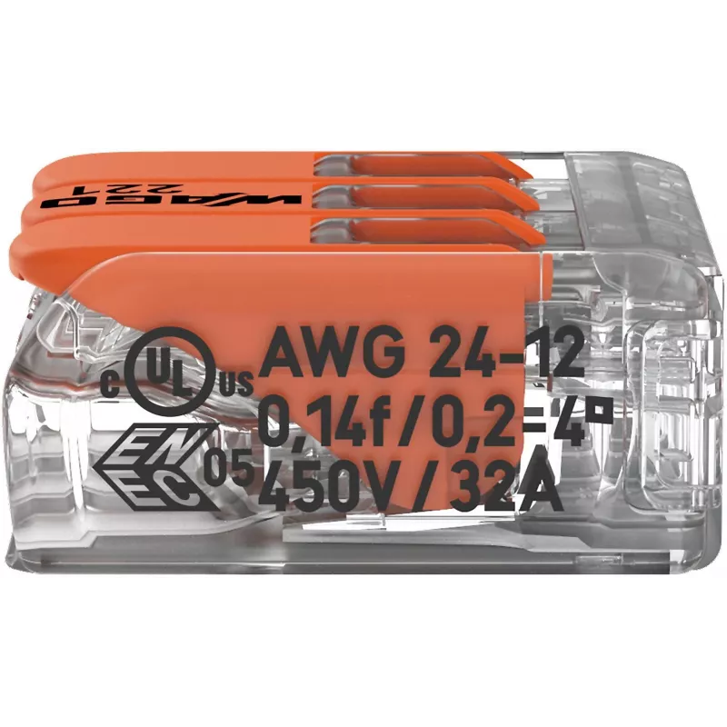 WAGO 221-413 COMPACT liitin, 3-johdin, 0,2–4 mm², läpinäkyvä, 50 kpl:n pakkaus