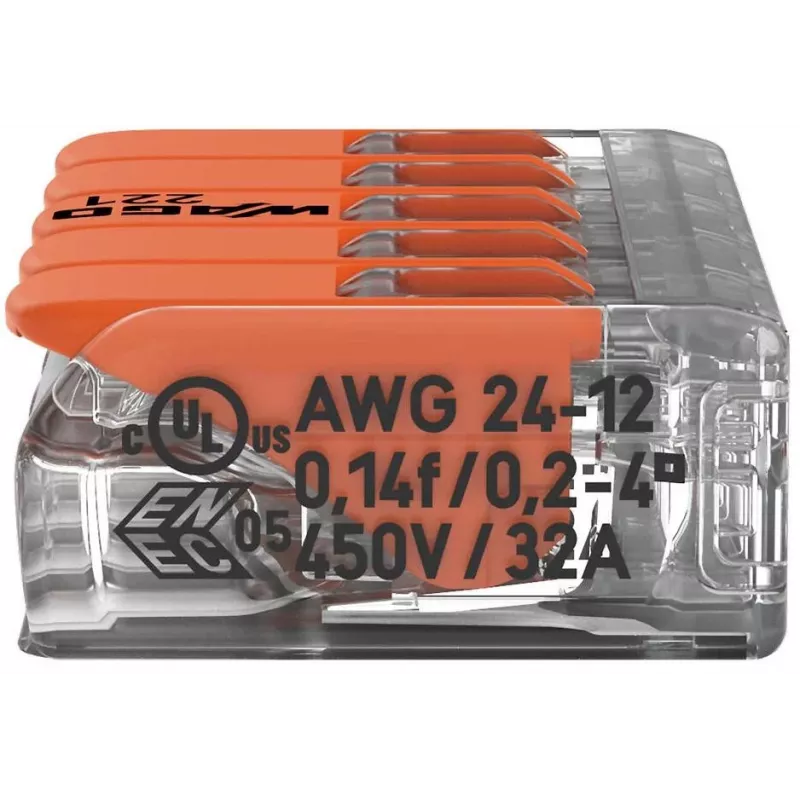 WAGO 221-415 COMPACT -liitin 5 johtimelle, 0,2-4 mm², 25 kpl:n pakkaus
