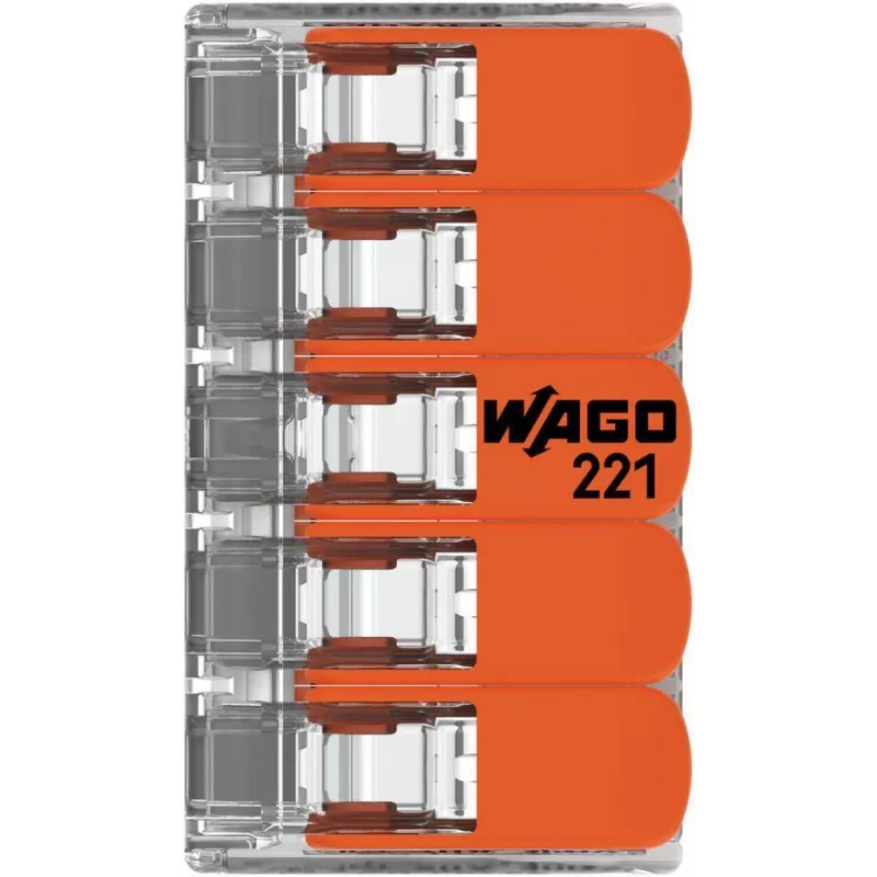 WAGO 221-415 COMPACT -liitin 5 johtimelle, 0,2-4 mm², 25 kpl:n pakkaus