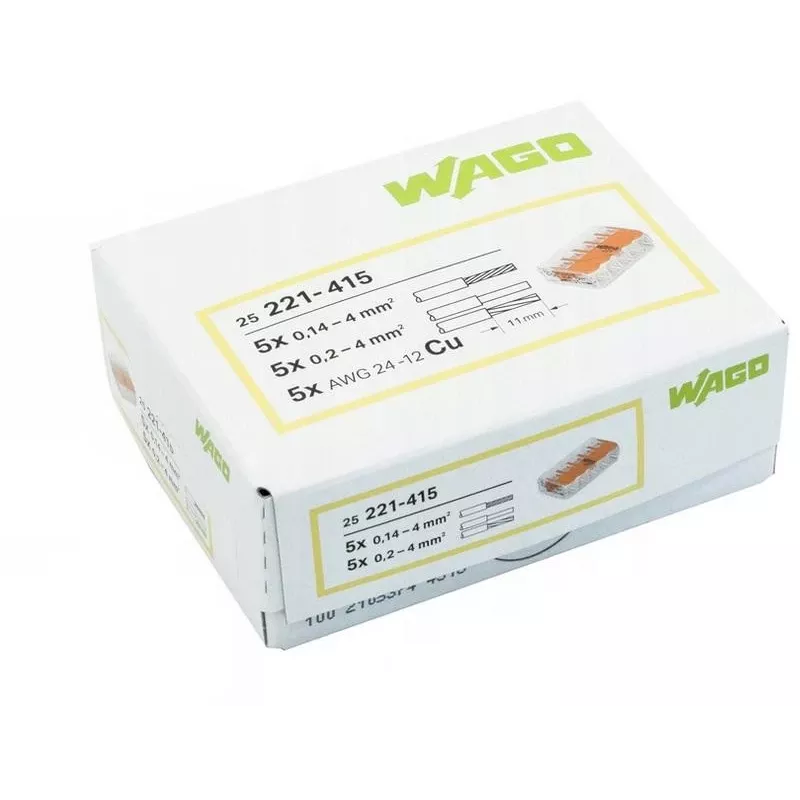 WAGO 221-415 COMPACT -liitin 5 johtimelle, 0,2-4 mm², 25 kpl:n pakkaus