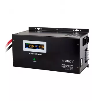 Seinäkiinnitteinen keskeytymätön virransyöttö KEMOT PROsinus-2200 -muunnin puhtaalla siniaallolla ja lataustoiminnolla 12V 230V 2200VA/1600W