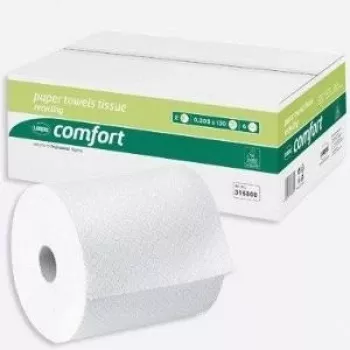 WEPA Comfort käsipyyherulla, 2-kerroksinen, kirkkaanvalkoinen, viivakuviointi, sininen liima, 205 mm leveys, 150 m pituus, 6 rullaa (316800)