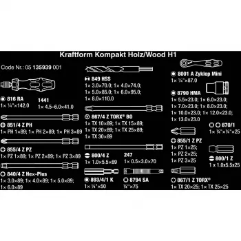 Wera Kraftform Kompakt H 1 Woodcraft ruuvimeisselin kahva 12 sekalaisella bitillä - Hex, Phillips, Pozidriv, Torx