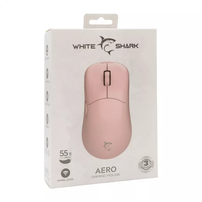 White Shark AERO PINK langaton pelihiiri (pinkki, 10000 DPI, 2,4 GHz/USB-C)