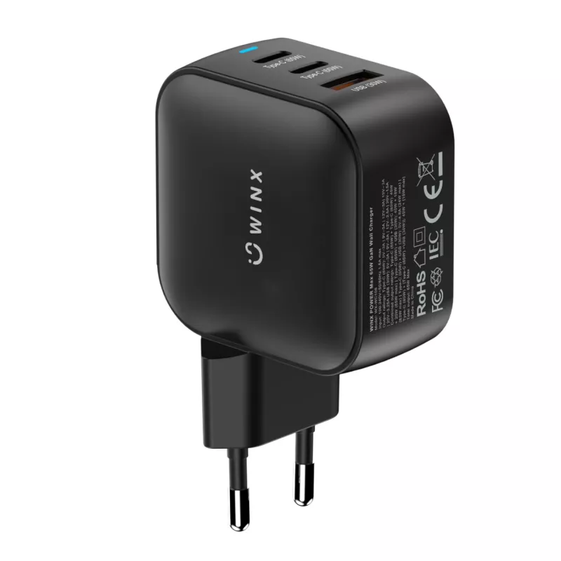 WINX POWER Max 65W GaN-seinälaturi - 2x USB-C PD, 1x USB-A QC, musta
