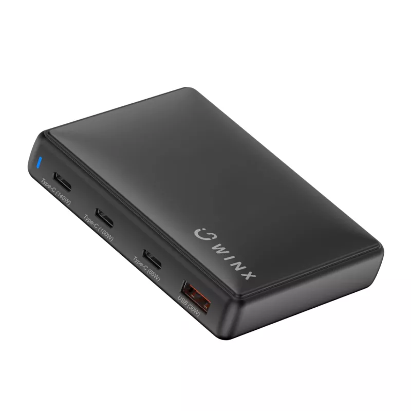 WINX POWER Ultra 140W GaN -pöytälaturi - 2x USB-C PD 100W + USB-A QC 22.5W, musta