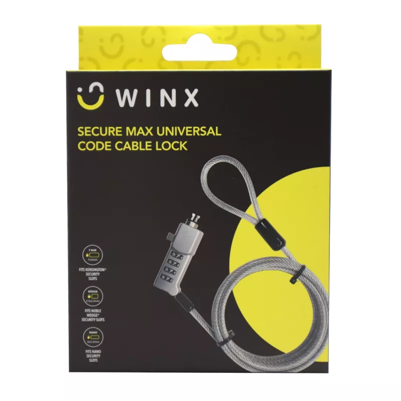 WINX Secure Max yleinen vaijerilukko koodilla - 4-numeroinen, nollattava numerolukko, punottu teräs, 1,8 m, musta/hopea