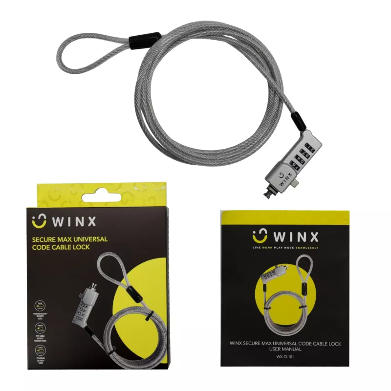 WINX Secure Max yleinen vaijerilukko koodilla - 4-numeroinen, nollattava numerolukko, punottu teräs, 1,8 m, musta/hopea