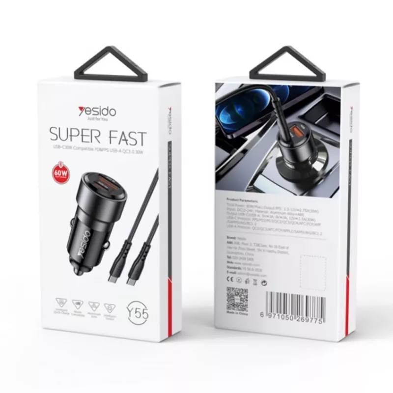 YESIDO Y55 60W pikalataus autolaturi USB-C-USB-C-kaapelilla, musta