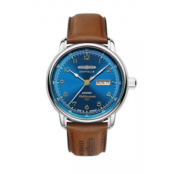 Zeppelin Mediterranee 96643 miesten kvartsikello, 40 mm, sininen kellotaulu, sininen nahkaranneke