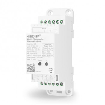 MiBoxer TZ5 5-in-1 LED-ohjain DIN-kiskolle, Zigbee 3.0 + RF, 12 A/kanava, 20 A yhteensä