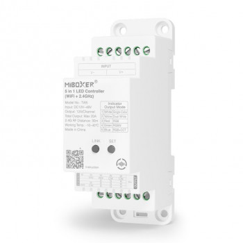 MiBoxer TW5 5-in-1 LED-ohjain DIN-kiskolle, WiFi + RF, 12 A/kanava, 20 A yhteensä