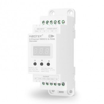 MiBoxer D4-T 4-kanavainen DMX512/RDM-LED-dekooderi, DIN-kisko, 12–48 V, 20 A