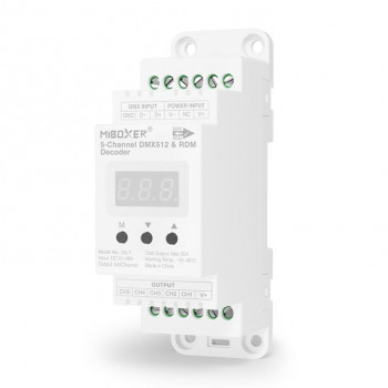 MiBoxer D5-T 5-kanavainen DMX512/RDM-LED-dekooderi, DIN-kisko, 12–48 V, 20 A